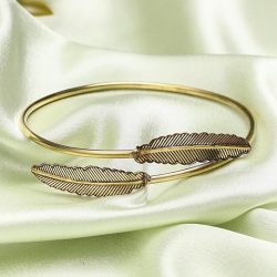 El Regalo Antique Gold Bohemian Feather Leaf Brass Armlet for Women & Girls – Adjustable Upper Arm Cuff Bracelet, Tribal Boho Style Statement Jewelry